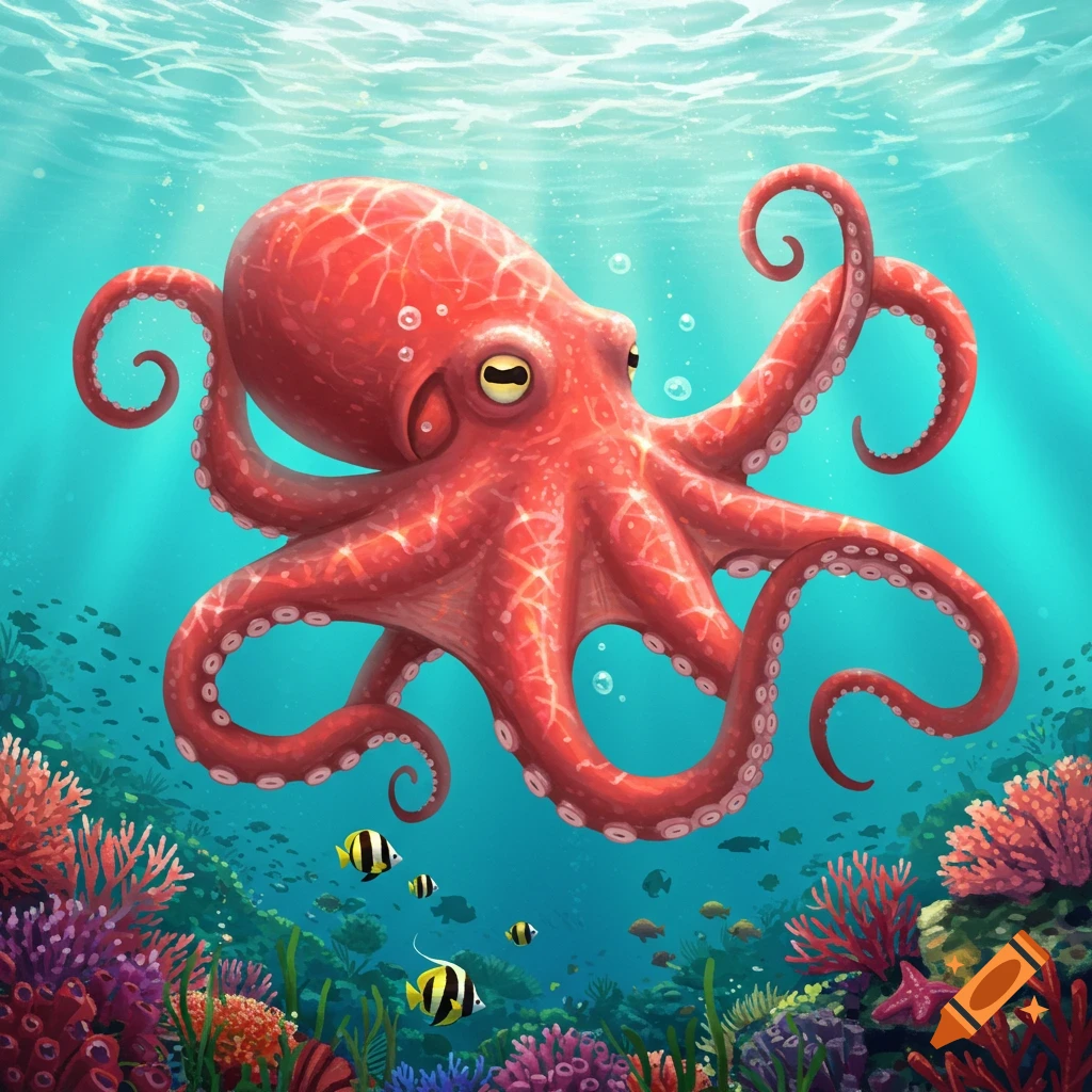Vibrant illustration of a red octopus swimming in clear blue water above a colorful coral reef with small fish.