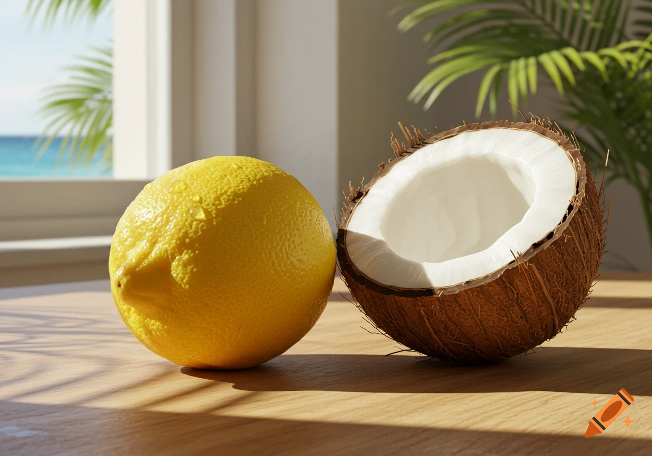 A photorealistic lemon and halved coconut sit on a wooden table, overlooking a tropical ocean and palm trees through a sunlit window.