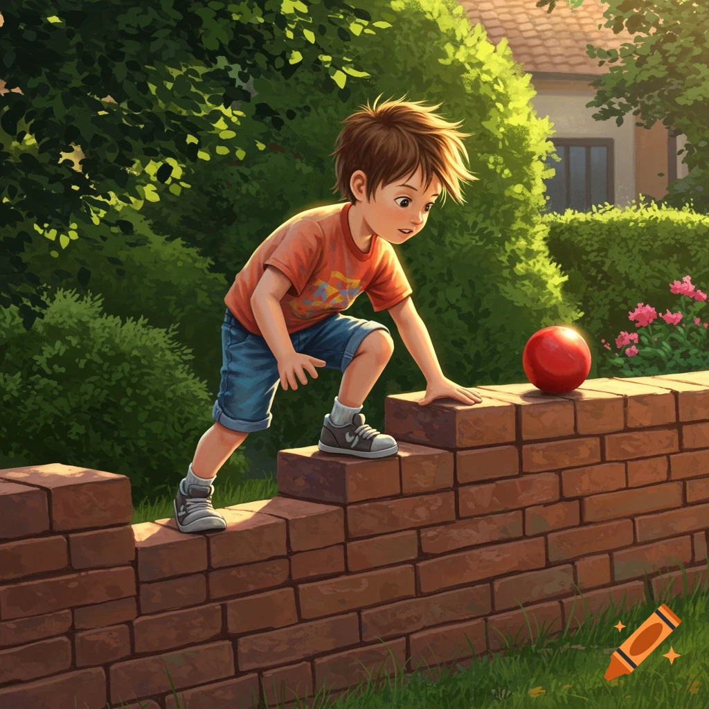 An illustration of a young boy in an orange shirt and blue shorts climbing a brick wall to reach a red ball in a sunny garden.