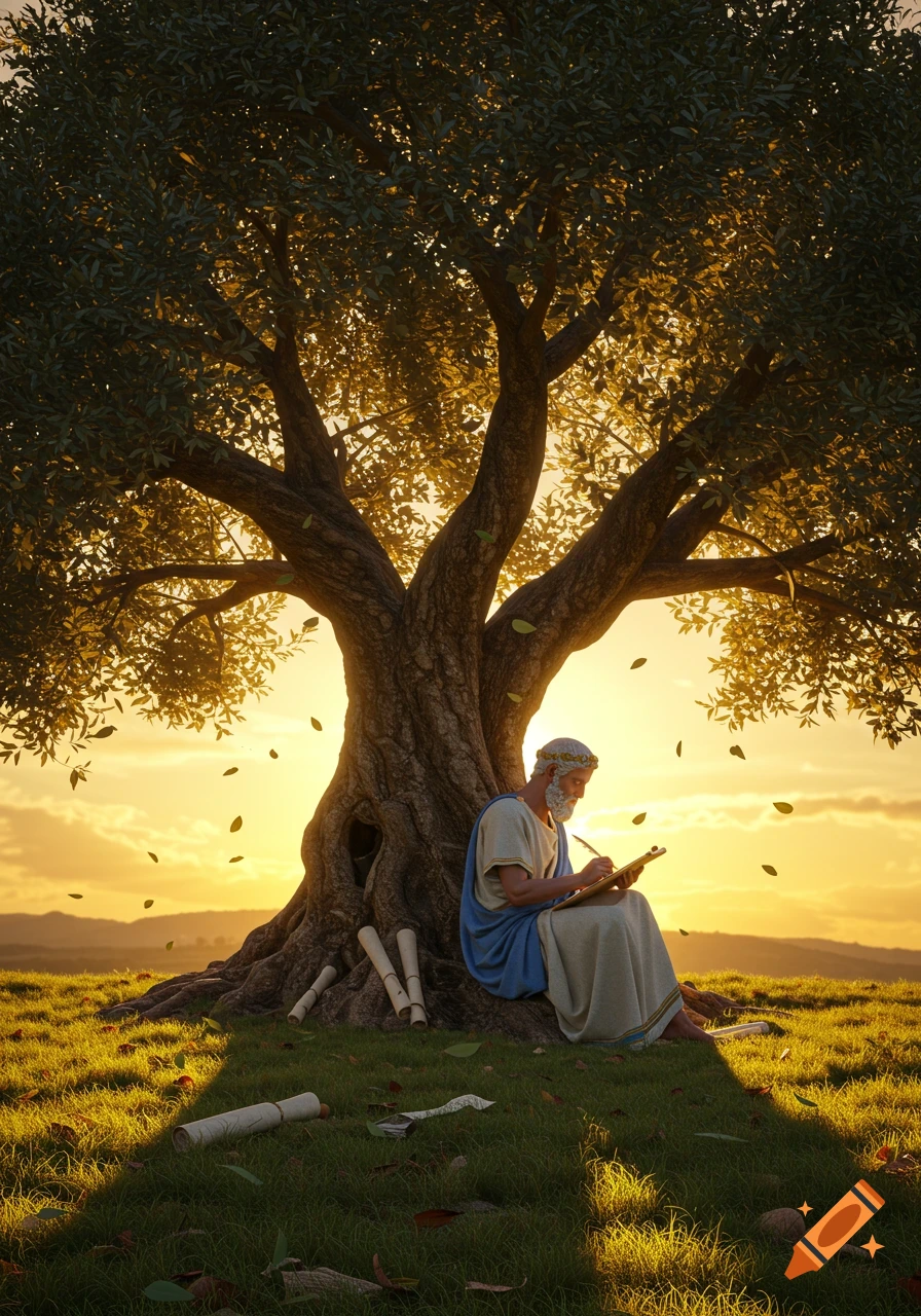An ancient, bearded philosopher sits under a large tree, writing on a scroll as golden light from a sunset illuminates the scene.