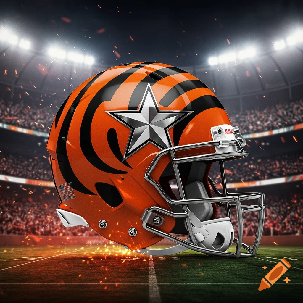 An orange football helmet with black tiger stripes and a metallic silver star, on a field in a stadium with bright lights.