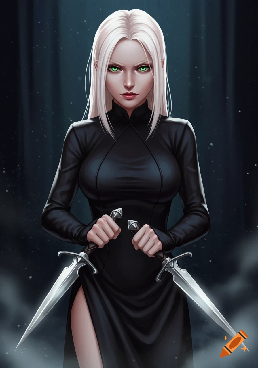 A platinum blonde woman with green eyes, wearing a black dress, holds two daggers. Digital art.