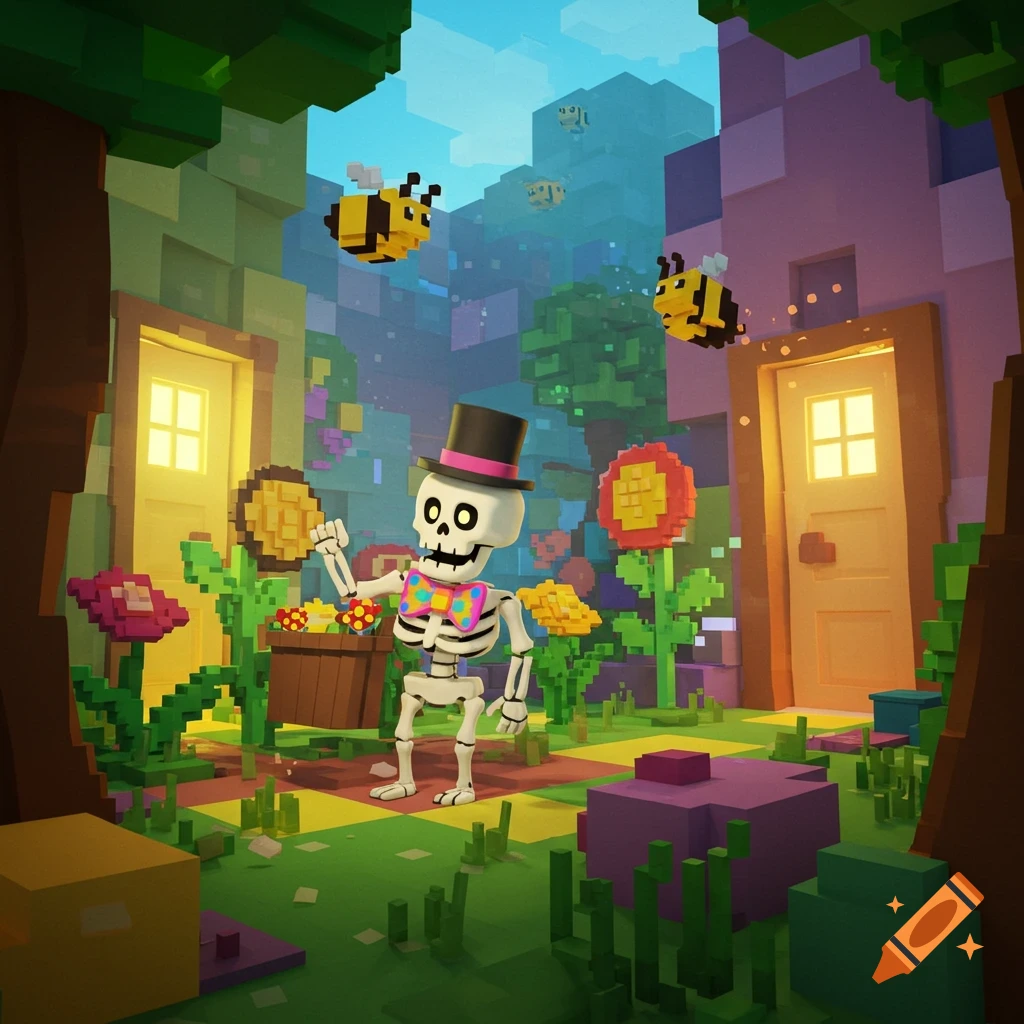 A cartoon voxel skeleton in a top hat and bow tie stands in a colorful voxel garden with flying bees, flowers, and glowing doors.