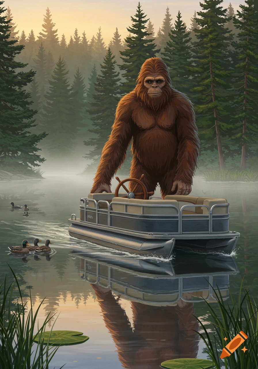 A brown Sasquatch drives a pontoon boat on a calm, misty lake at sunrise, with pine trees in the background and ducks in the water. Detailed illustration.
