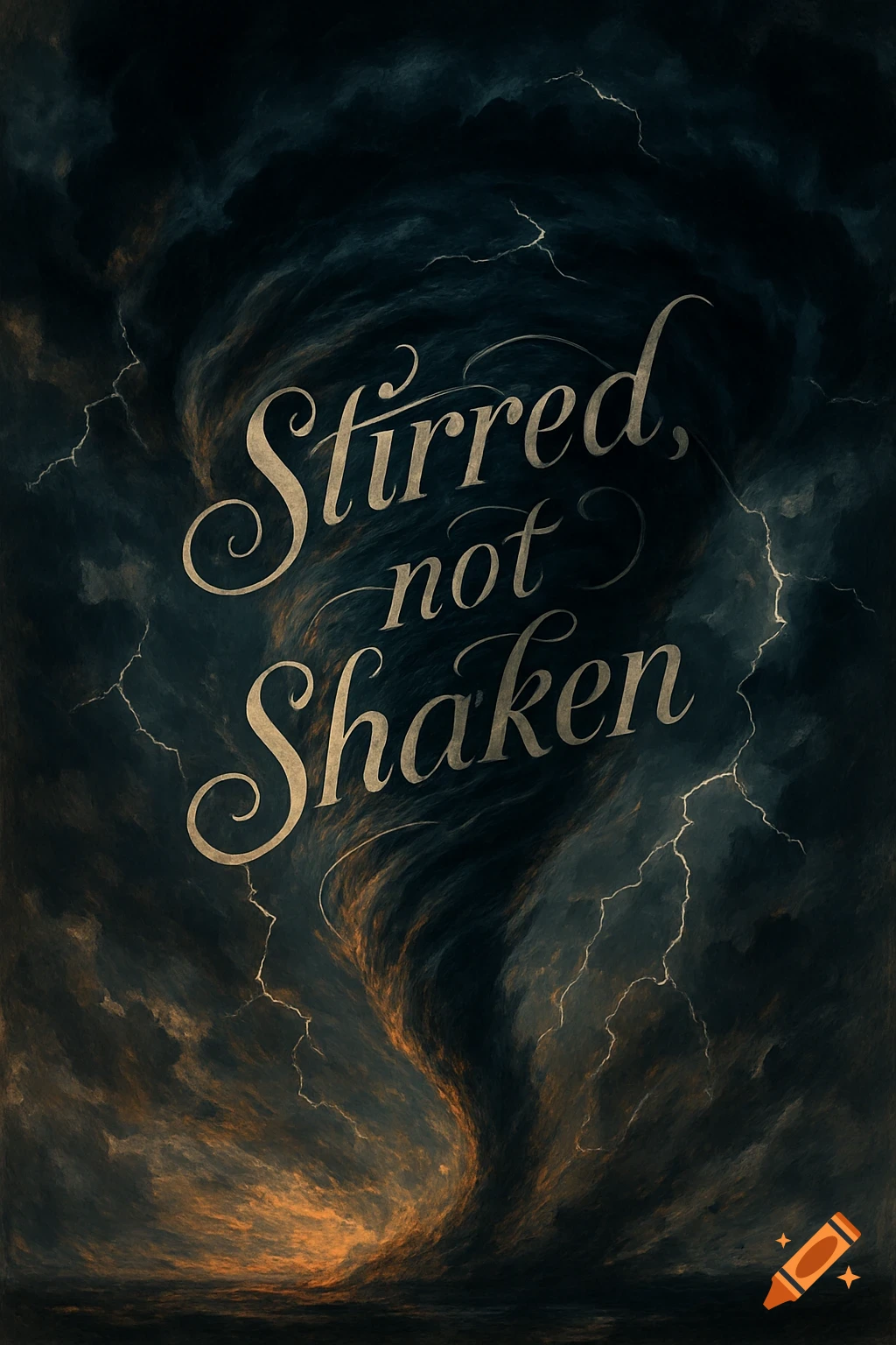 Dark, dramatic image of a swirling storm with lightning and the elegant text 'Stirred, not Shaken'.