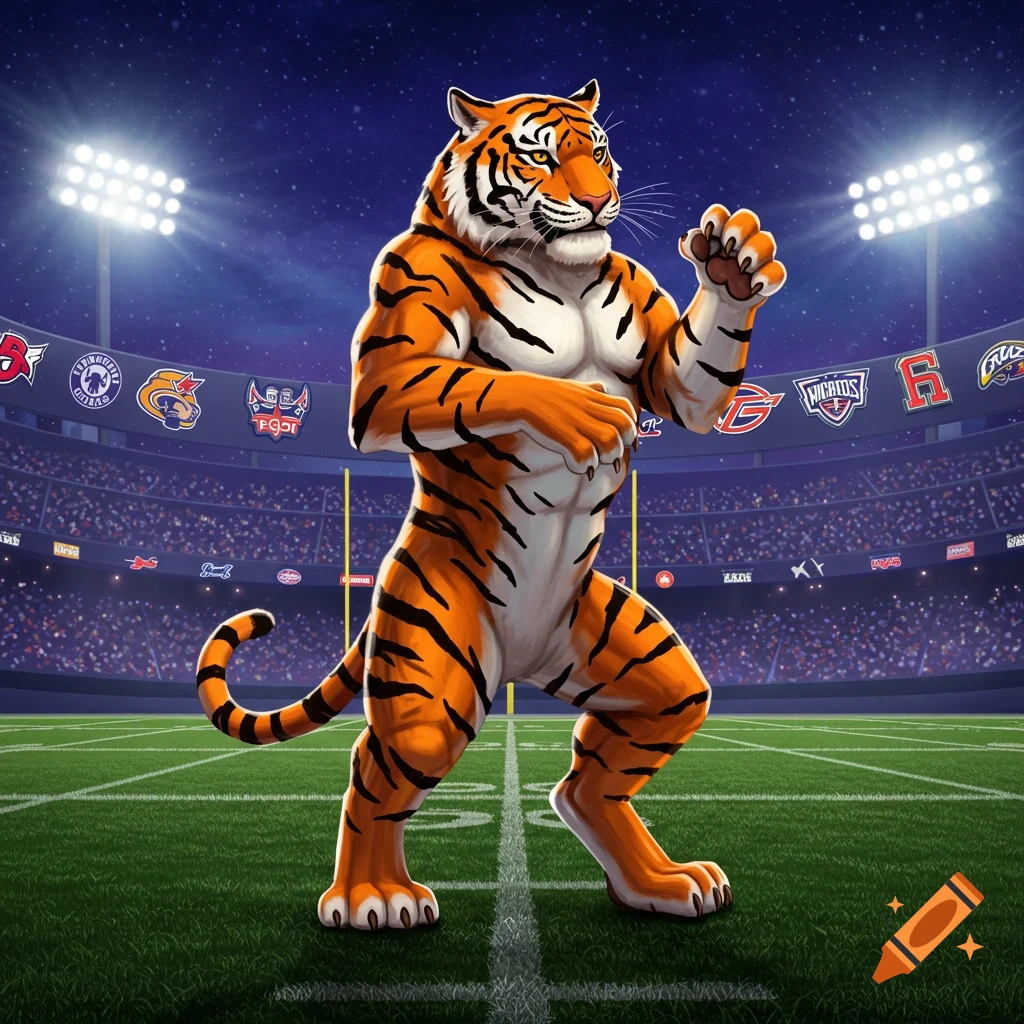 A muscular tiger mascot stands in an American football stadium at night, surrounded by bright lights and abstract team logos.