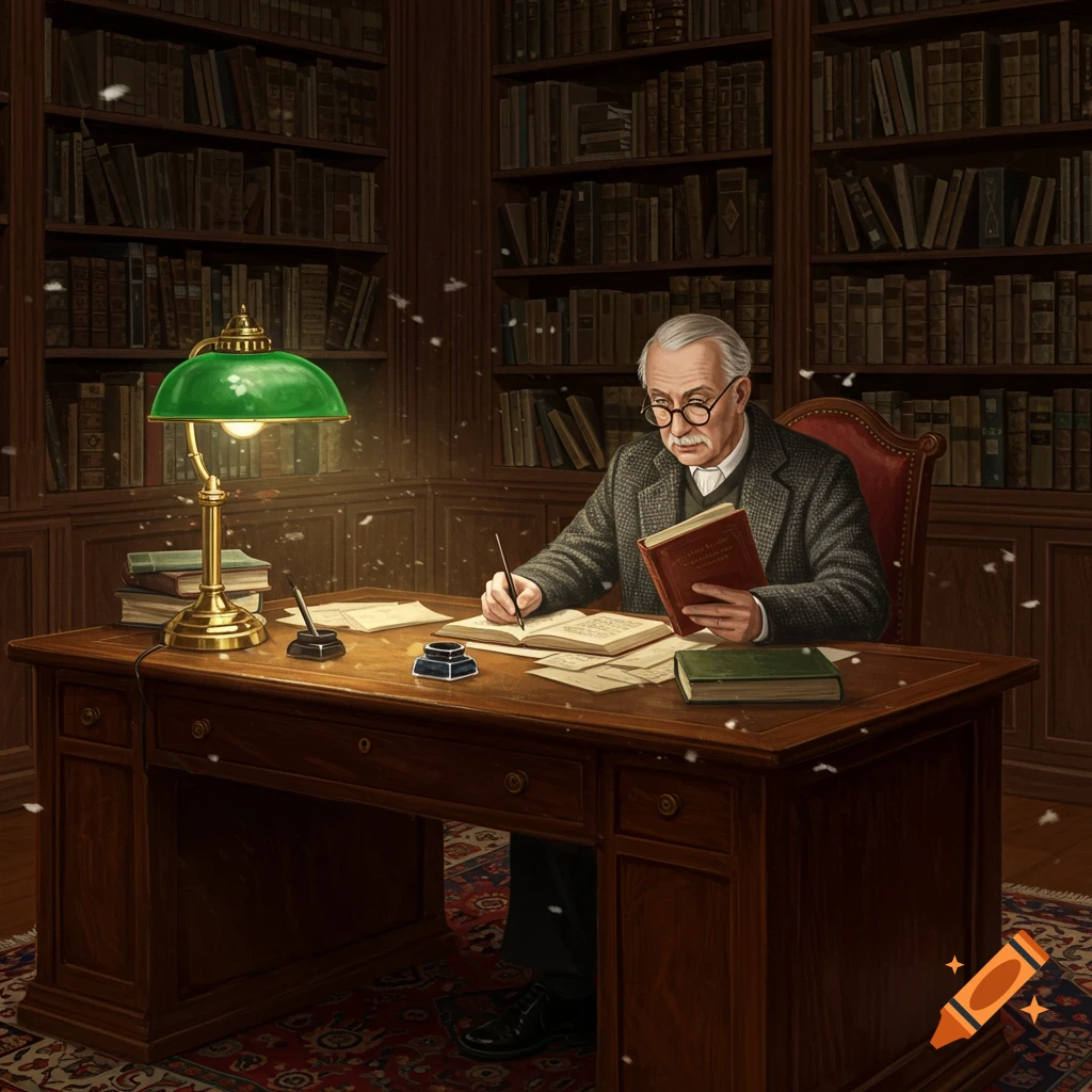 An elderly man in glasses sits at a wooden desk under a green lamp, writing in a book, surrounded by towering bookshelves in a library.