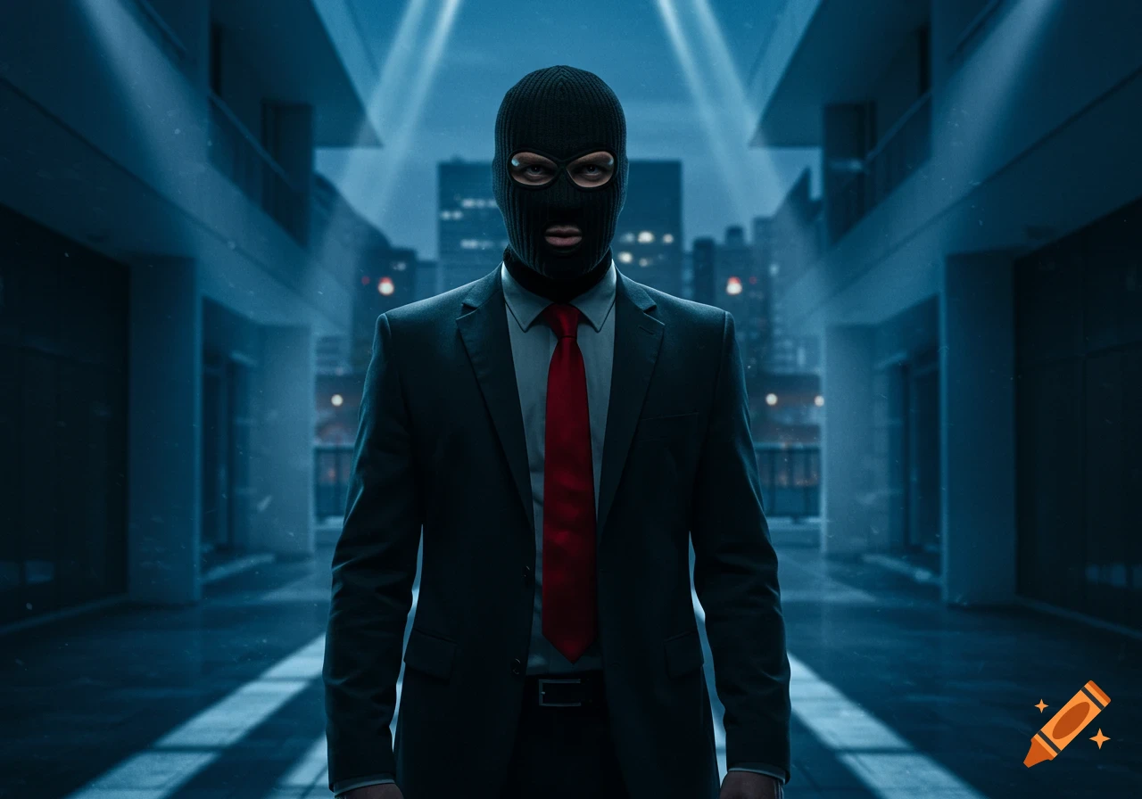 Photorealistic image of a man in a black suit, red tie, and black ski mask, standing in a dimly lit, modern building.