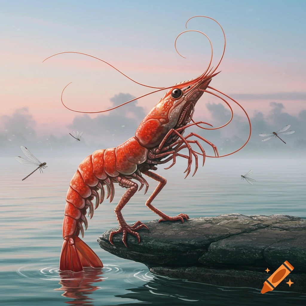 A detailed red prawn-lizard hybrid creature stands on a rock in calm water, with dragonflies flying under a pastel sky.