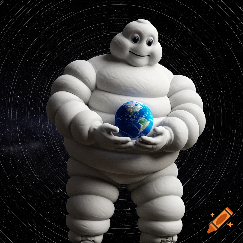 A giant Michelin Man stands in outer space, holding a small blue Earth in his hands, with star trails in the background.