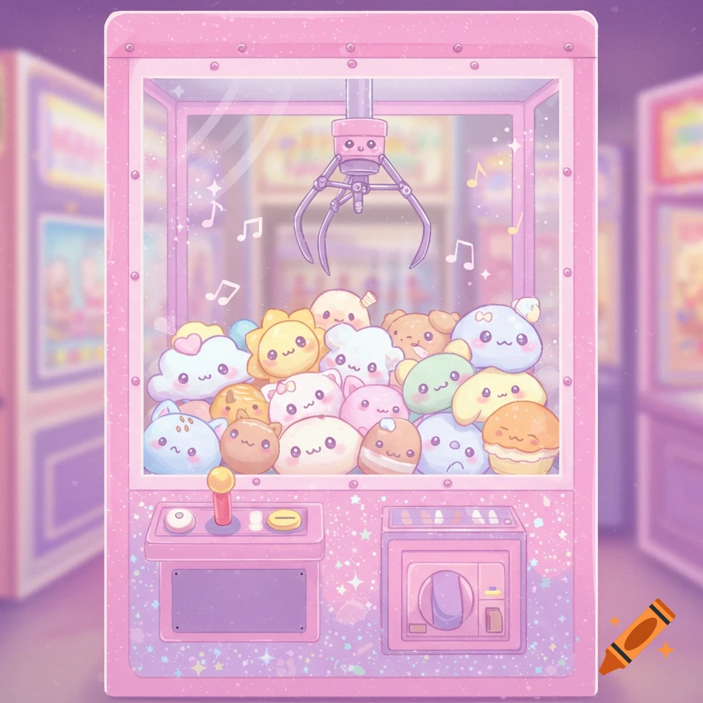 A pastel pink kawaii claw machine filled with cute, smiling plush toys in an arcade setting.