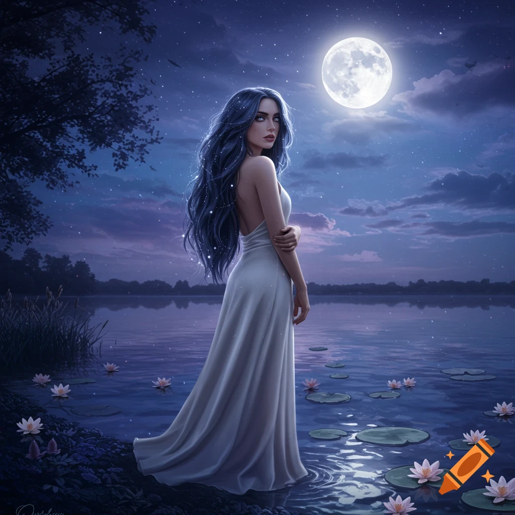 A woman with long blue hair in a white backless dress stands by a moonlit lake with lily pads under a starry night sky.