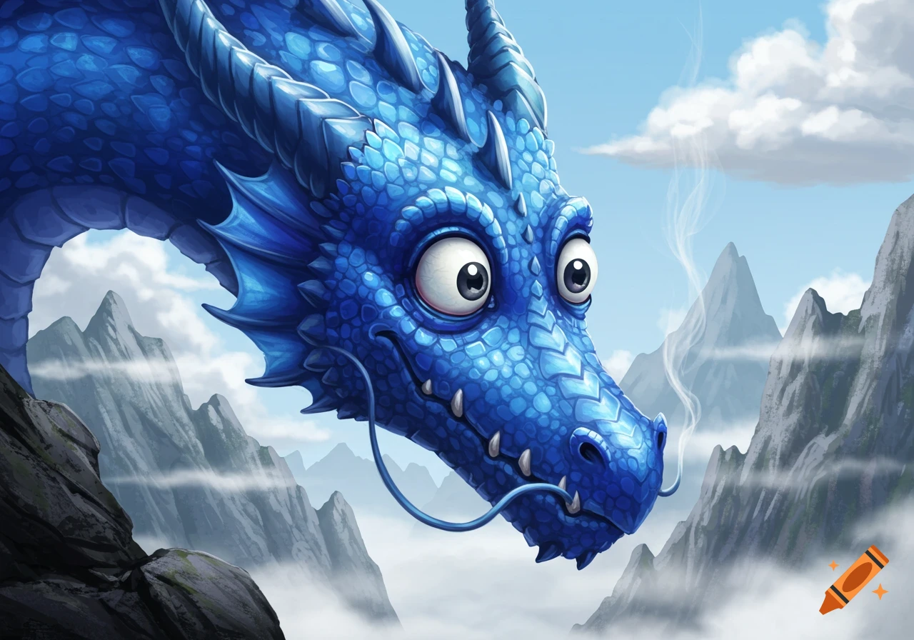 A close-up of a cartoon blue dragon head with large googly eyes, smiling in a cloudy mountain landscape.