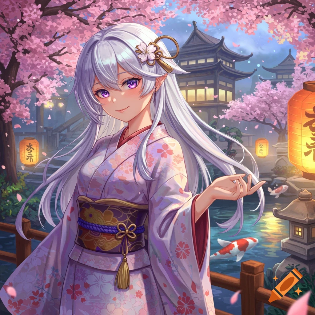 Anime girl with white hair and purple eyes in a kimono, standing among cherry blossoms with traditional Japanese buildings and koi fish.