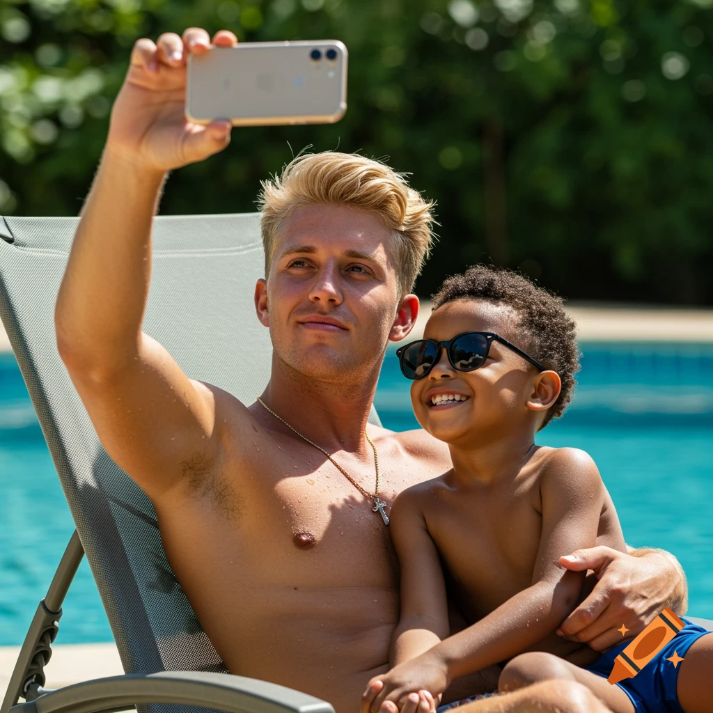 A man and a young boy take a selfie by a swimming pool on a sunny day. The man holds a phone, and the boy smiles in sunglasses.
