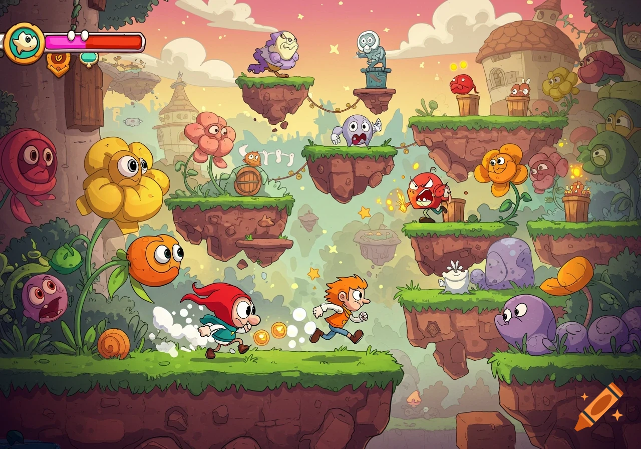 A vibrant cartoon video game scene with a gnome-like character and a boy running on floating green islands, battling various colorful monsters. The sky is a gradient of pink and orange.