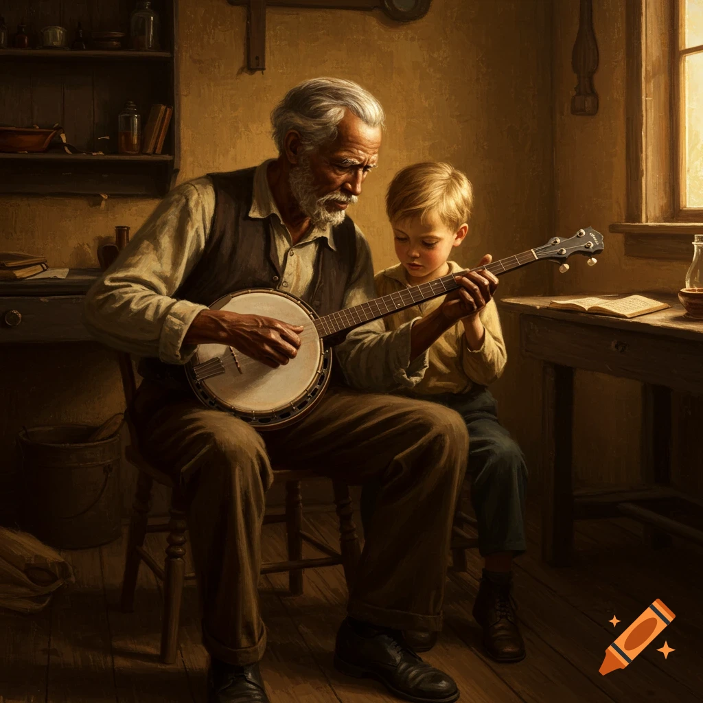 An old man with a grey beard teaches a young boy to play the banjo in a dimly lit room, painted in a realistic style.