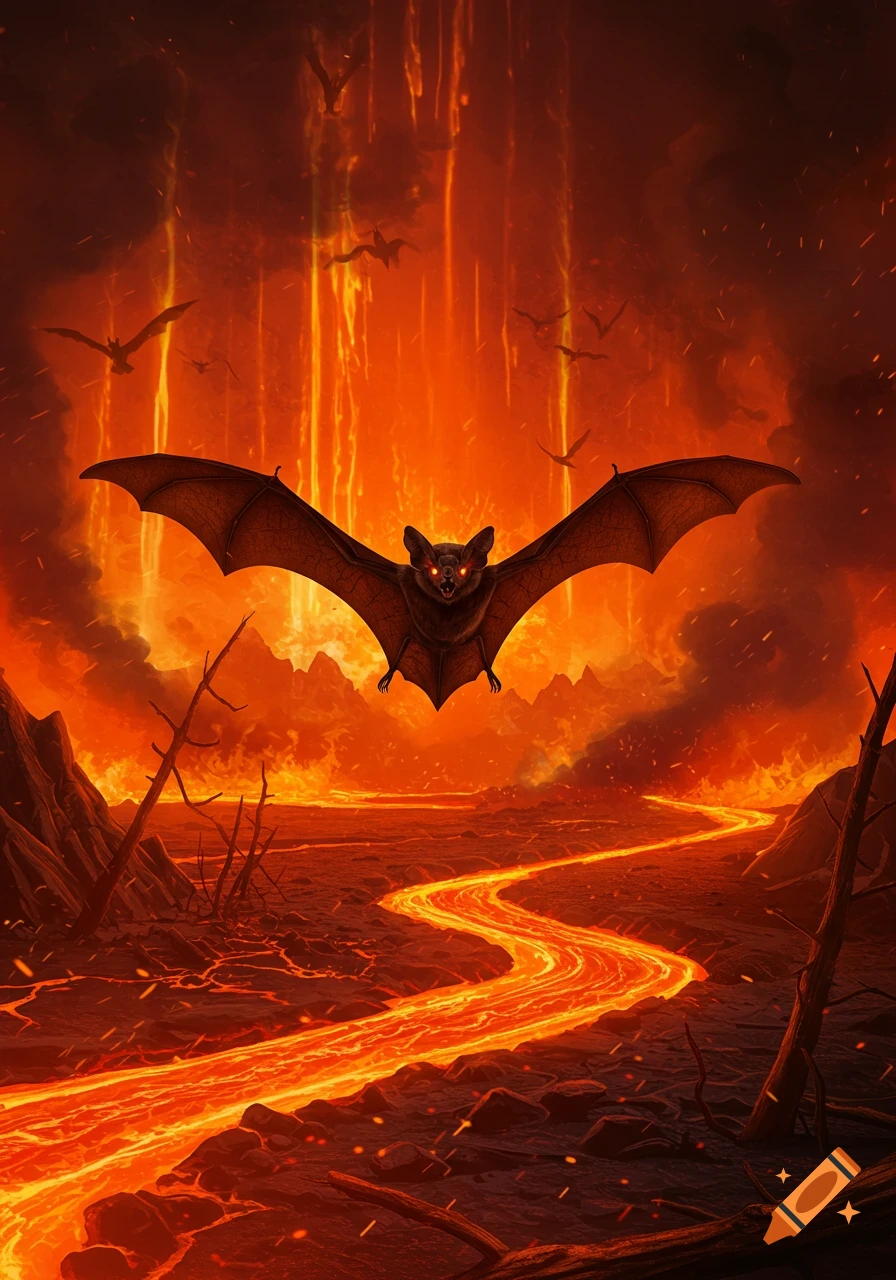 A large bat with glowing eyes flies over a desolate, fiery hellscape with a river of lava and columns of fire.