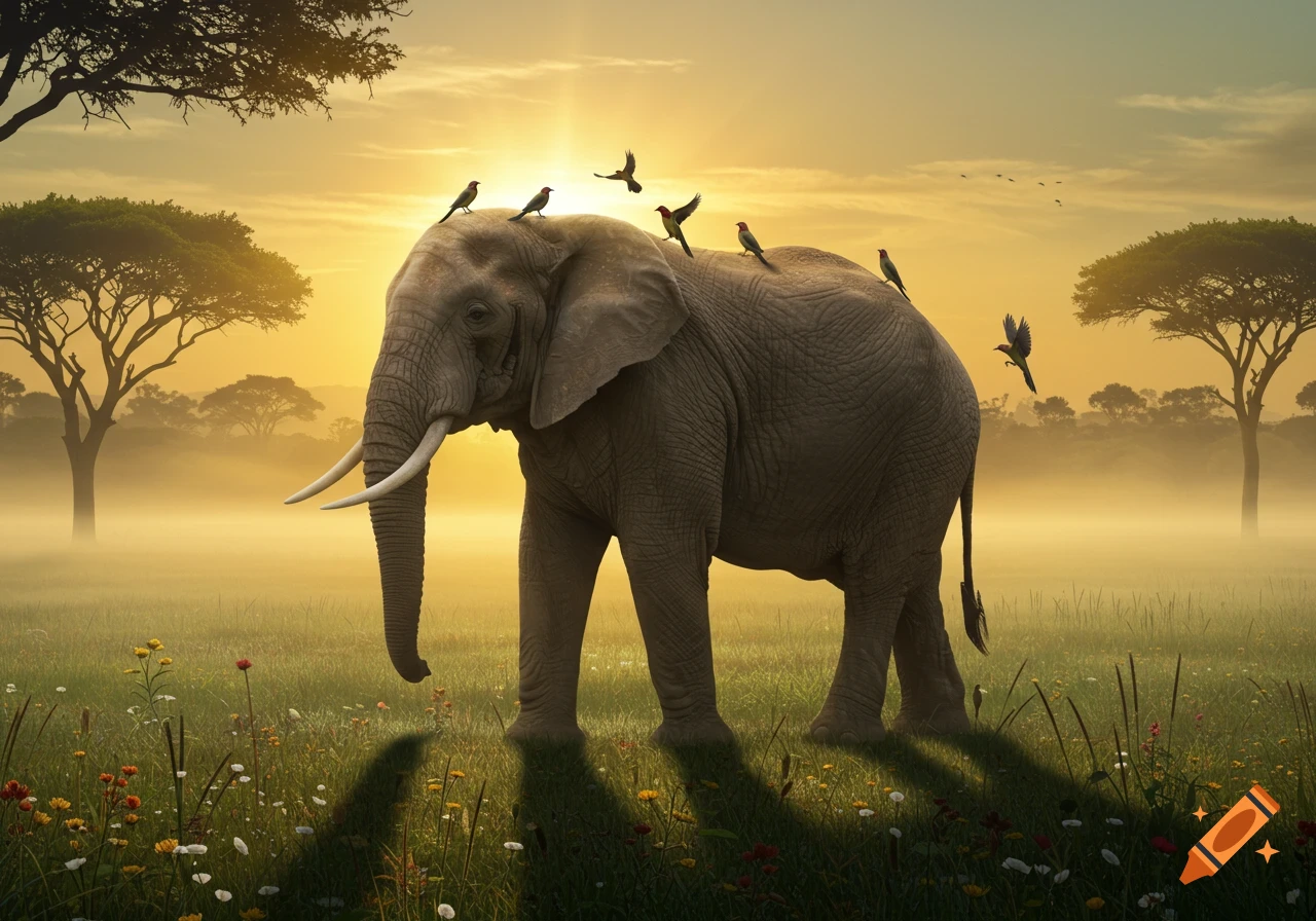 Photorealistic elephant in a misty savanna at sunrise with birds.