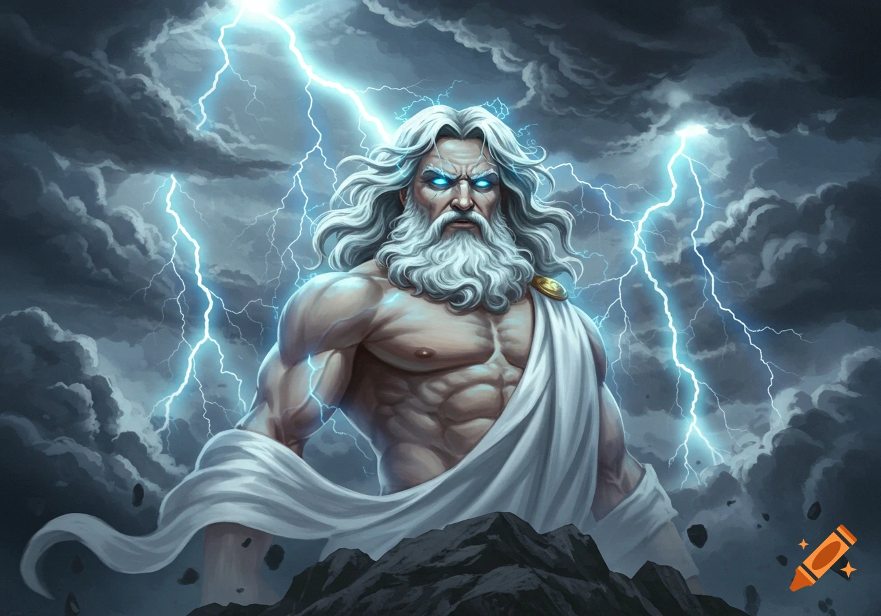 Illustrative depiction of Zeus, a powerful god with a white beard and glowing blue eyes, surrounded by storm clouds and bright lightning.