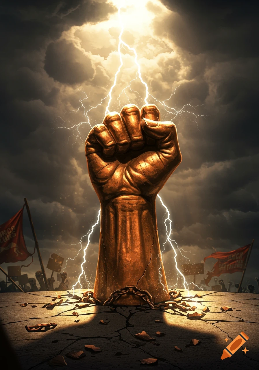 A golden fist erupts from cracked earth under a lightning-filled stormy sky, with red protest flags in the background.