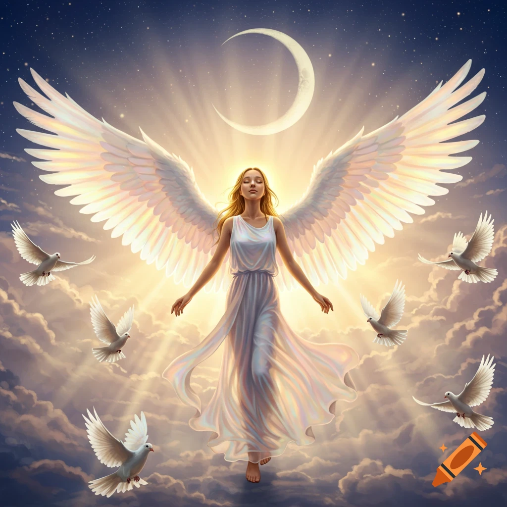 An ethereal angel with large glowing wings floats in a celestial sky surrounded by doves, clouds, a crescent moon, and stars.