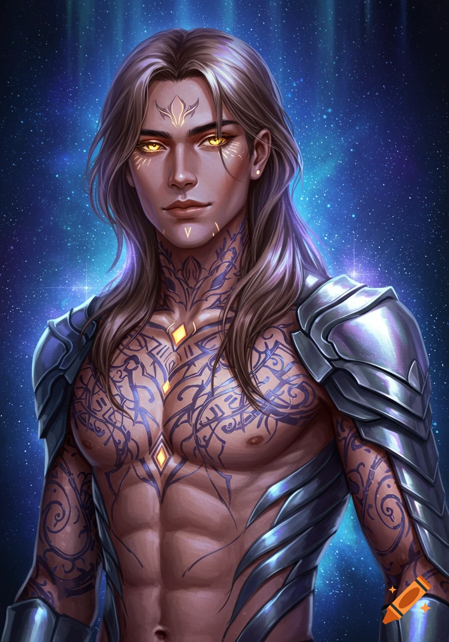 A male fantasy character with long hair, glowing golden eyes, ornate tattoos, and metallic armor, against a cosmic background.