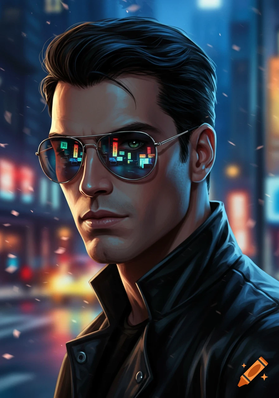 Digital art portrait of a man with black hair, green eyes, and aviator sunglasses reflecting neon city lights at night.