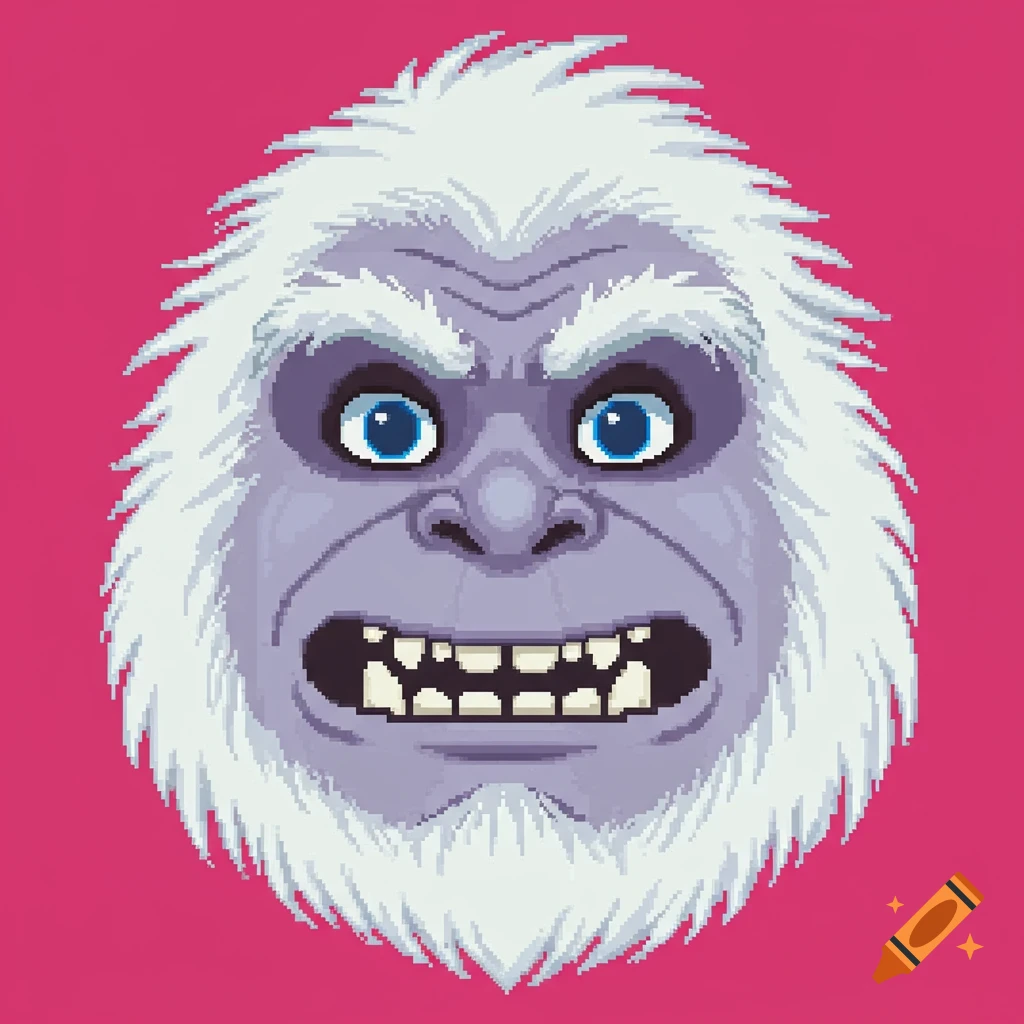 Pixel art close-up of the Abominable Snowman's angry face with white shaggy fur, blue eyes, and sharp teeth on a magenta background.