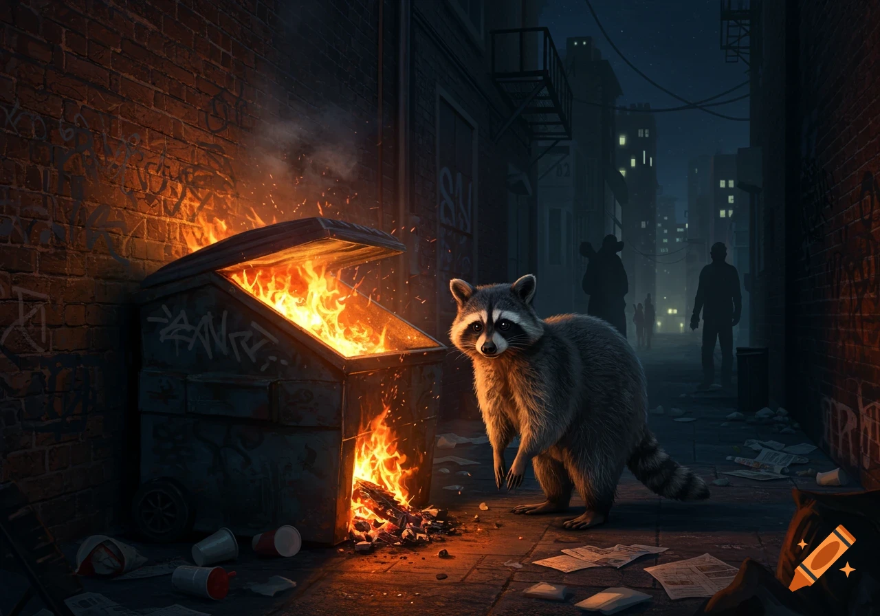 A photorealistic raccoon stands next to a burning dumpster in a dark, graffiti-covered urban alley at night.