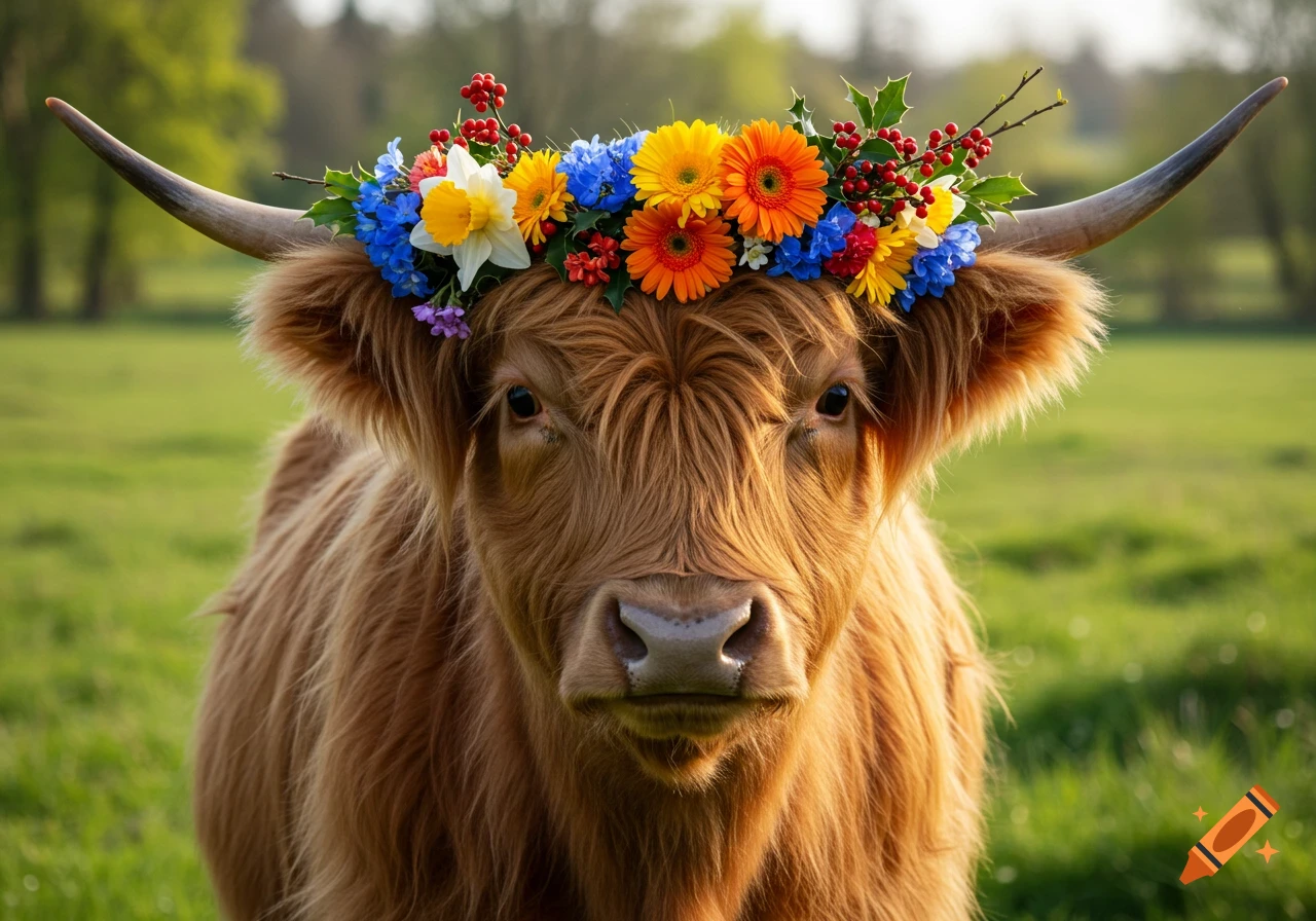 A fluffy Highland cow wearing a vibrant crown of colorful flowers and red berries in a green field, looking forward.