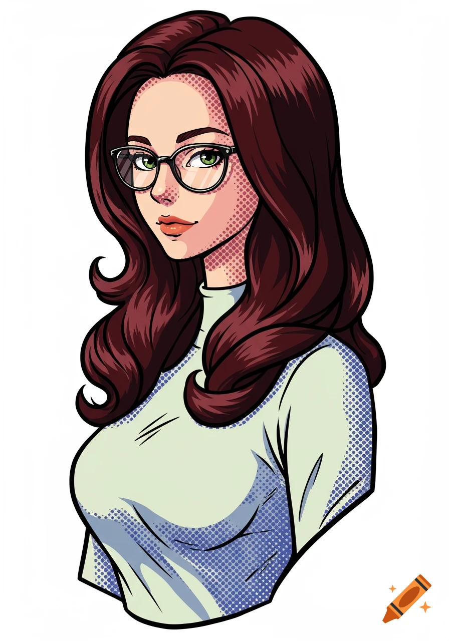 Pop art portrait of a young woman with long mahogany hair and glasses, wearing a light-colored turtleneck top.