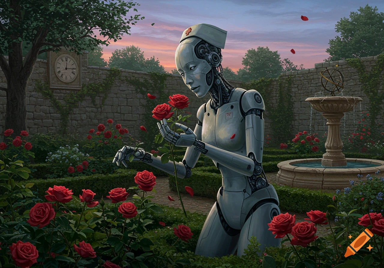 A futuristic nurse robot with a red cross emblem on her chest kneels in a lush medieval rose garden, gently holding a red rose.