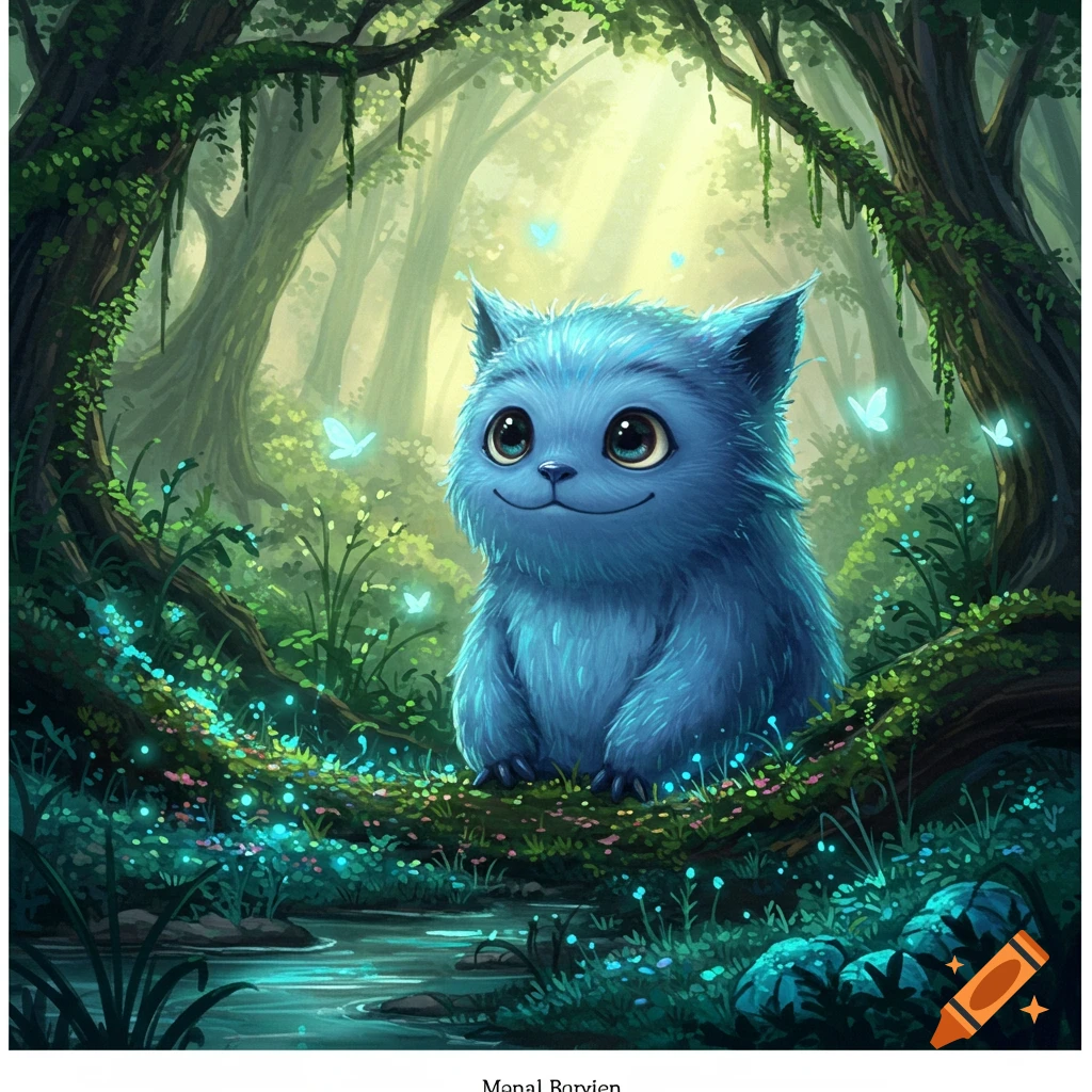 A cute, fluffy blue fantasy creature with large eyes sits in a mystical, lush green forest with glowing butterflies.