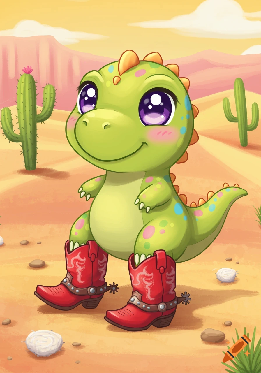 A smiling, green kawaii dinosaur wearing red cowboy boots in a desert with cacti and mountains. Cartoon illustration.