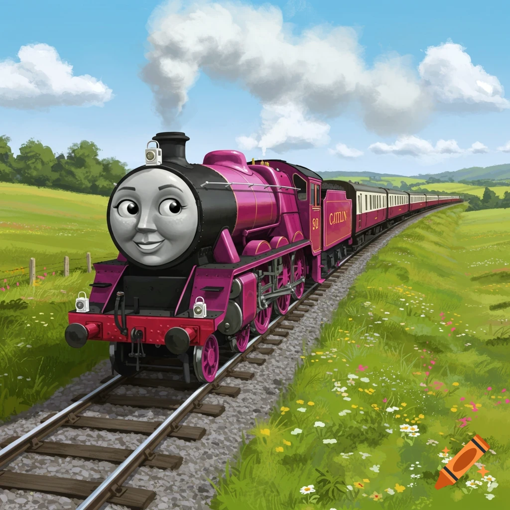 A cartoon-style magenta train named Caitlin with a smiling face pulls passenger cars through a green, flowery countryside under a blue sky.