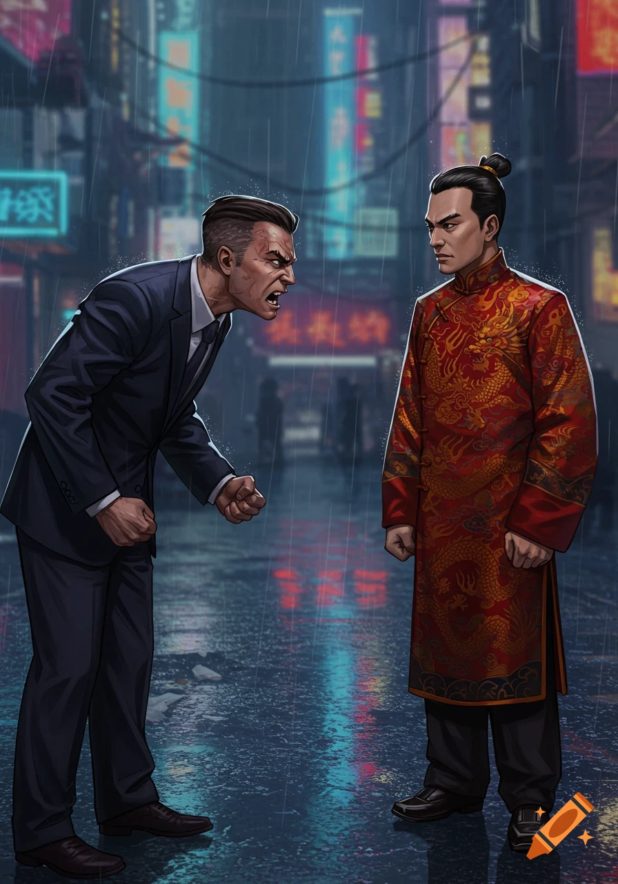 An angry man in a suit yells at a stoic man in a red traditional Chinese robe on a rainy neon-lit city street.