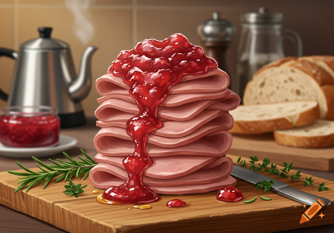 A stack of thinly sliced ham topped with red berry jam, on a wooden board with bread and a teapot in the background, in an illustrative style.