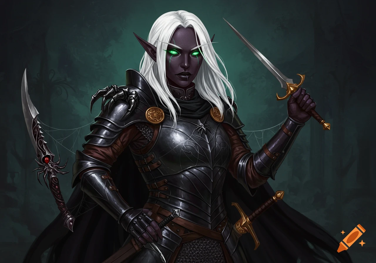 A fierce dark elf warrior with white hair, glowing green eyes, and black spider-motif armor wields two daggers against a dark background.