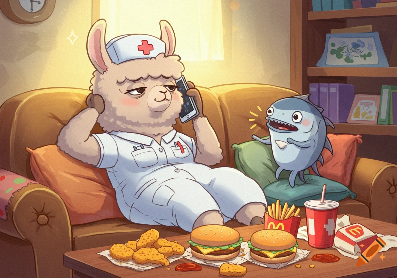 A tired anime llama nurse sits on a couch, eating fast food and talking on the phone, while a small tuna fish yells beside them.