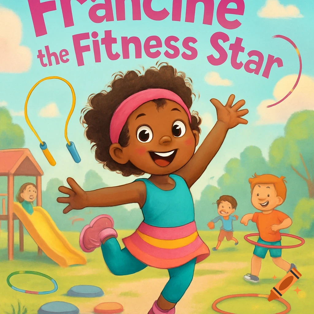 A cartoon illustration of a happy Black girl in athletic wear skipping in a park with other children and playground equipment. Text reads 'Francine the Fitness Star'.