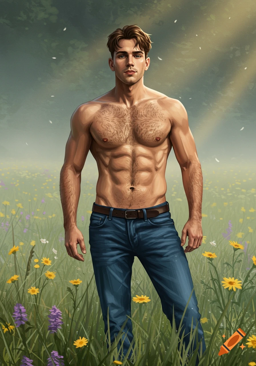 Digital illustration of a shirtless, muscular young man standing in a sunlit field with wildflowers.