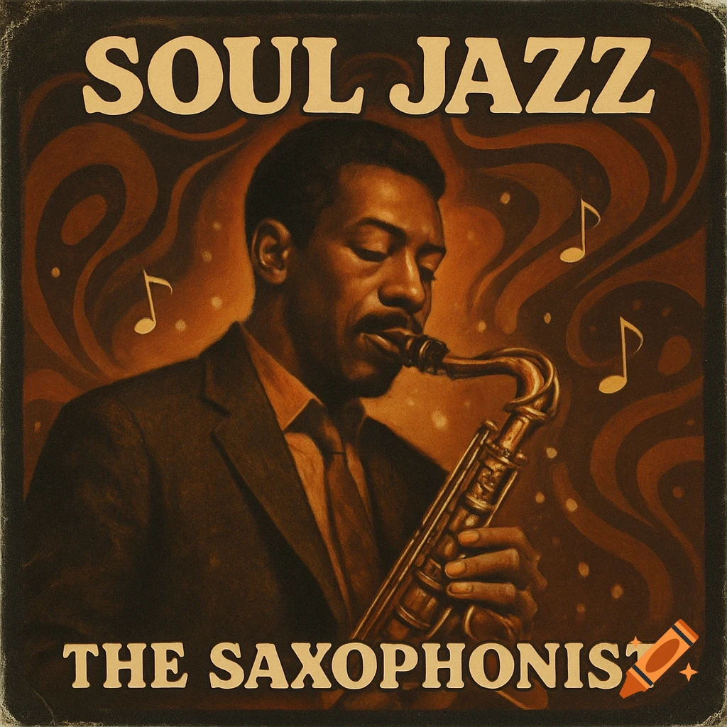 A vintage-style illustration of a Black man playing a saxophone, with 'SOUL JAZZ' and 'THE SAXOPHONIST' text, designed like a record cover.