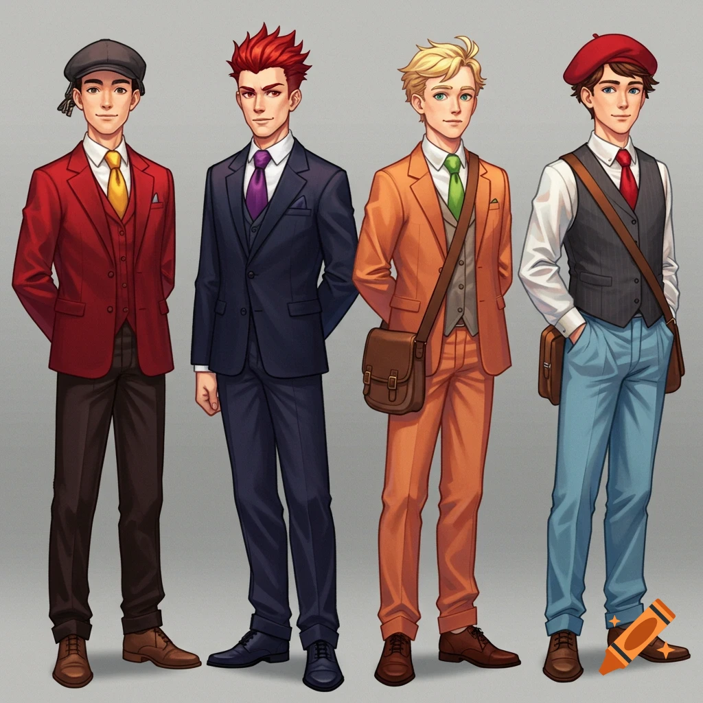 Four young men in suits, vests, and ties, each with distinct outfits and accessories, in a digital illustration.