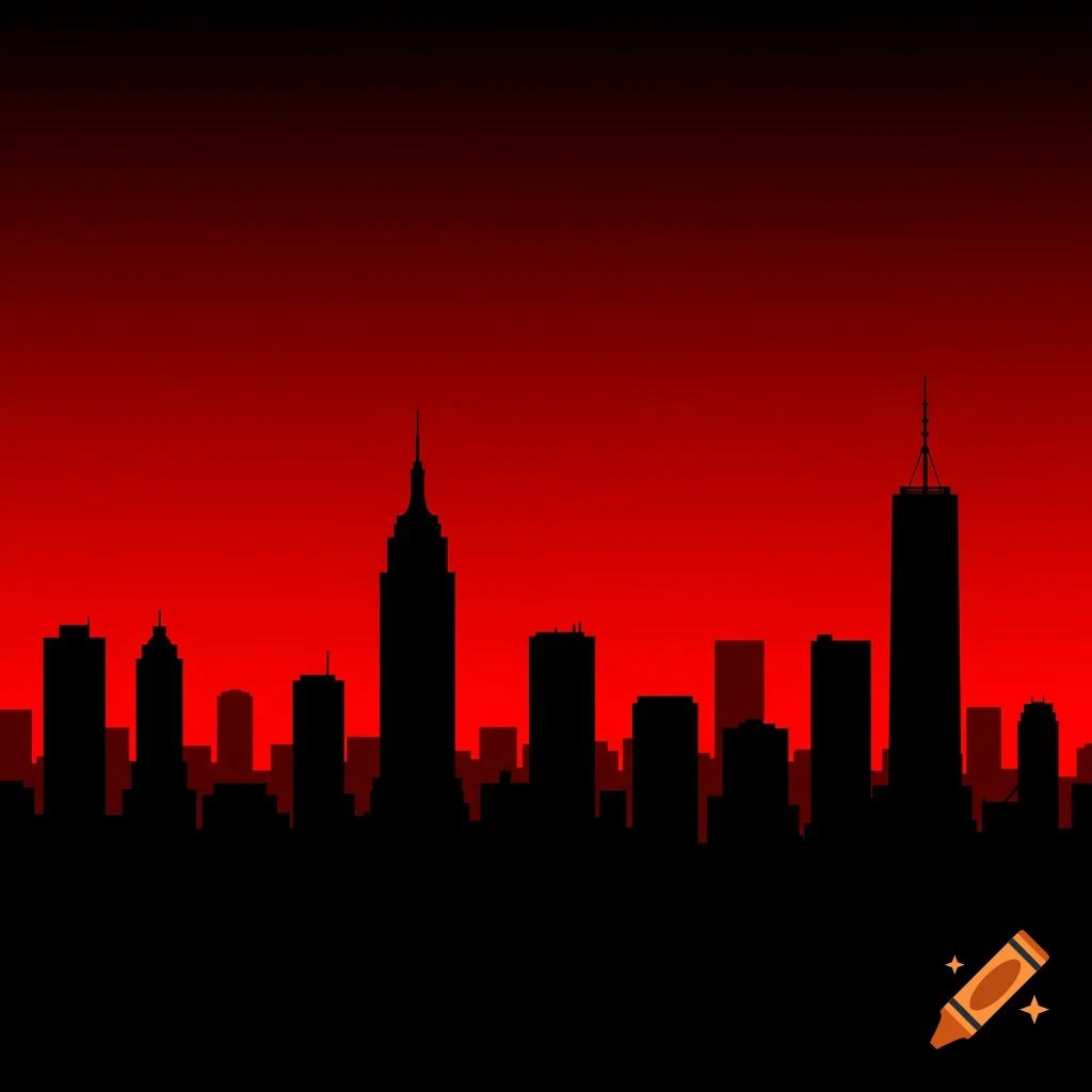 A black silhouette of a city skyline against a vibrant red and dark red gradient sky.