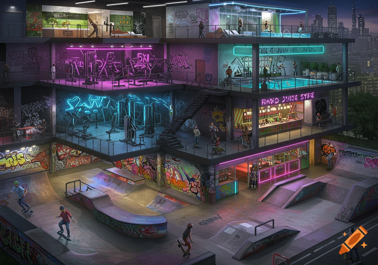 An isometric view of a multi-story urban building featuring an indoor skate park, neon-themed gyms, a juice bar, and a rooftop spa with a pool, all adorned with graffiti.