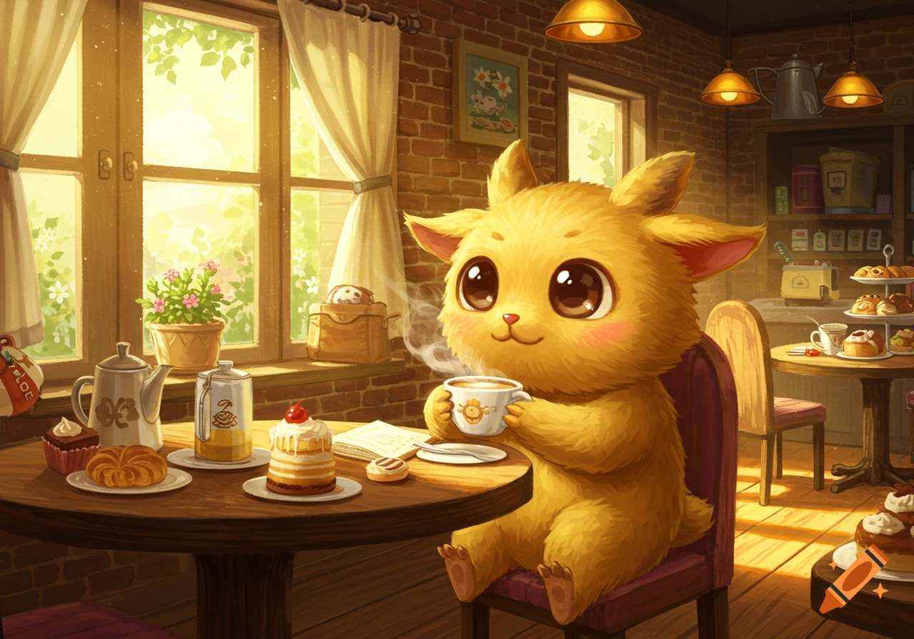 A cute, fluffy yellow creature resembling Labubu sits at a cafe table, sipping coffee amidst pastries in a warm, sunny setting.