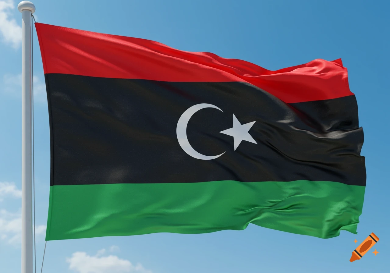 Photorealistic image of the Libyan flag waving against a clear blue sky.
