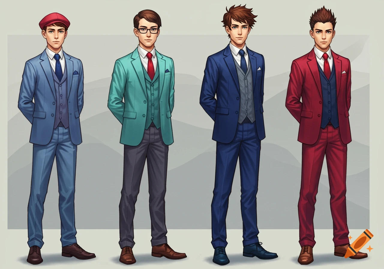 Four young men in colorful suits and ties, standing against a plain background in a digital anime illustration style.