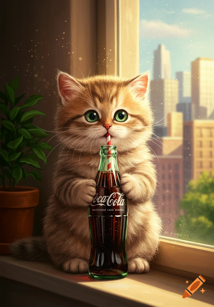 A cute fluffy ginger kitten with big green eyes sips from a Coca-Cola bottle with a red and white straw, sitting on a window sill overlooking a city.